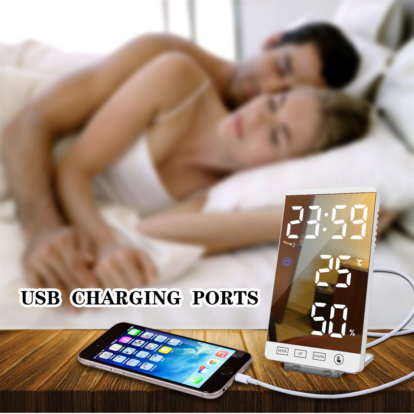 6 Inch LED Mirror Alarm Clock Touch Button Wall Digital Clock Time Temperature Humidity Display USB Output Port Table Clock